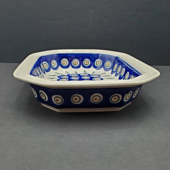 Polish Pottery Peacock Leaves 10" Baker Rectangular Octagonal BakingServing Dish - Picture 7 of 11
